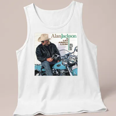 Vintage Alan Jackson tee featuring a motorcycle and lyrics in earthy tones — printed on a tank top