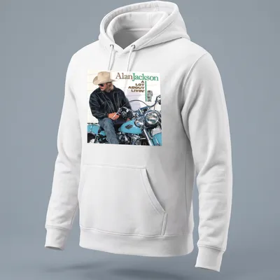 Vintage Alan Jackson tee featuring a motorcycle and lyrics in earthy tones — printed on a unisex hoodie