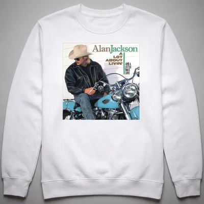 Vintage Alan Jackson tee featuring a motorcycle and lyrics in earthy tones — printed on a unisex sweatshirt
