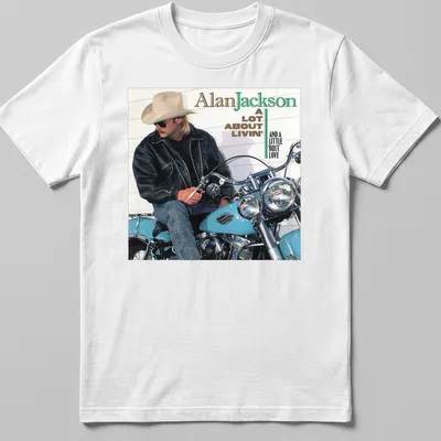 Vintage Alan Jackson tee featuring a motorcycle and lyrics in earthy tones