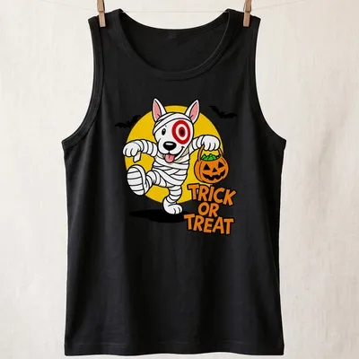 Cartoon mummy dog with pumpkin basket and Trick or Treat text in Halloween colors — printed on a tank top
