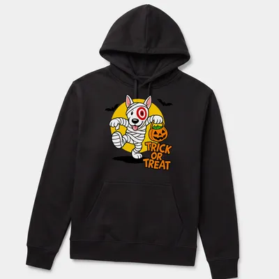 Cartoon mummy dog with pumpkin basket and Trick or Treat text in Halloween colors — printed on a unisex hoodie