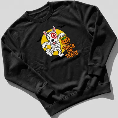 Cartoon mummy dog with pumpkin basket and Trick or Treat text in Halloween colors — printed on a unisex sweatshirt