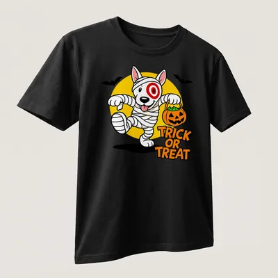 Cartoon mummy dog with pumpkin basket and Trick or Treat text in Halloween colors — printed on a unisex t-shirt (angled view)