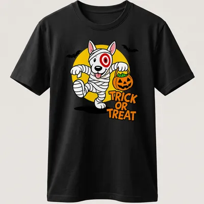 Cartoon mummy dog with pumpkin basket and Trick or Treat text in Halloween colors