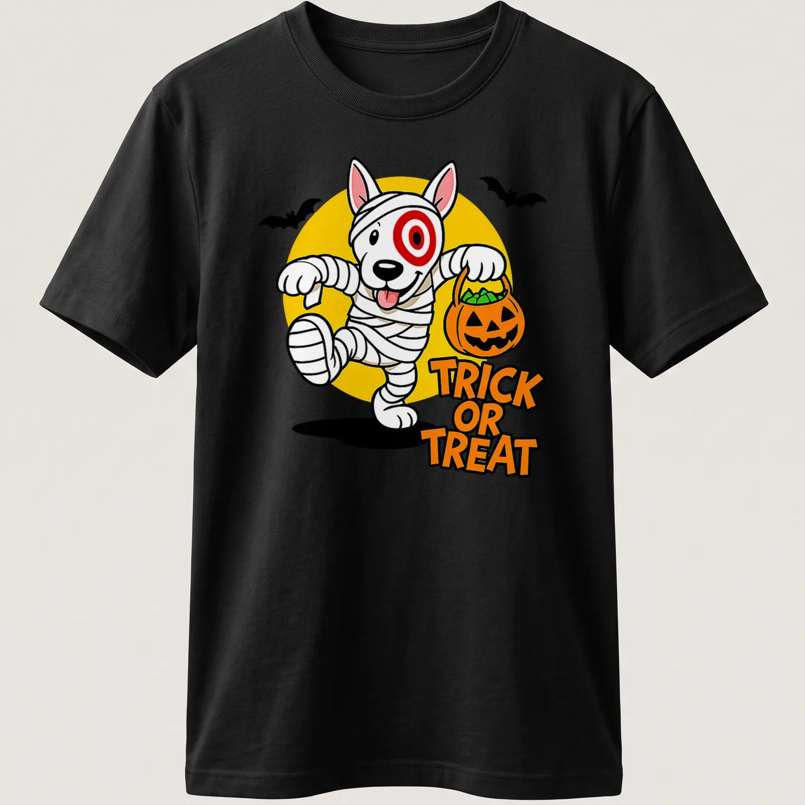 Cartoon mummy dog with pumpkin basket and Trick or Treat text in Halloween colors — printed on a unisex t-shirt