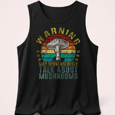 Retro distressed tee featuring a colorful mushroom and humorous warning text — printed on a tank top