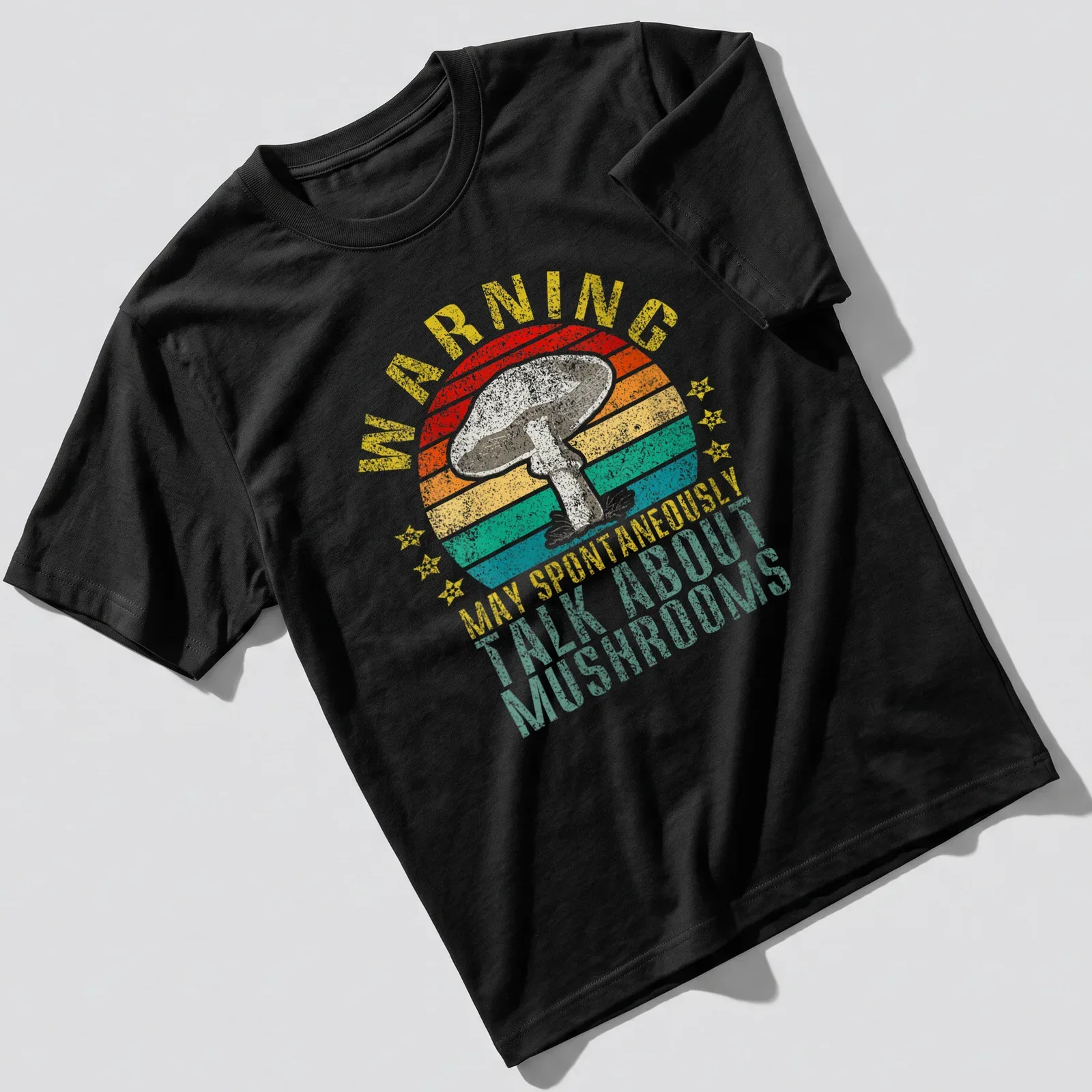 Retro distressed tee featuring a colorful mushroom and humorous warning text — printed on a unisex t-shirt