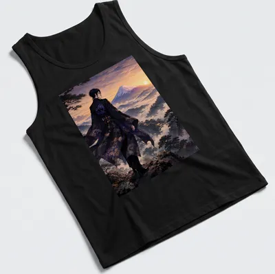 Anime-style graphic of Muzan Kibutsuji against Mount Fuji at sunset — printed on a tank top