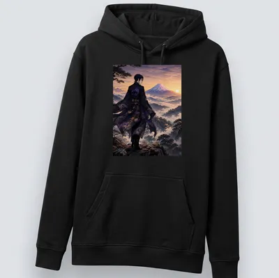 Anime-style graphic of Muzan Kibutsuji against Mount Fuji at sunset — printed on a unisex hoodie
