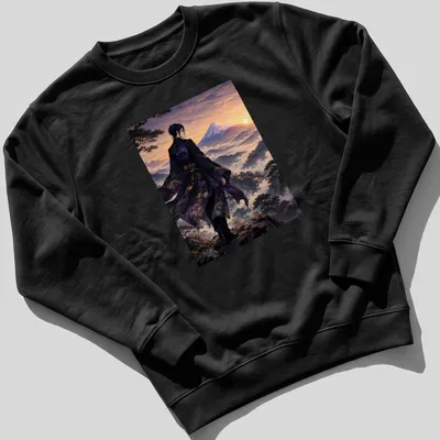 Anime-style graphic of Muzan Kibutsuji against Mount Fuji at sunset — printed on a unisex sweatshirt