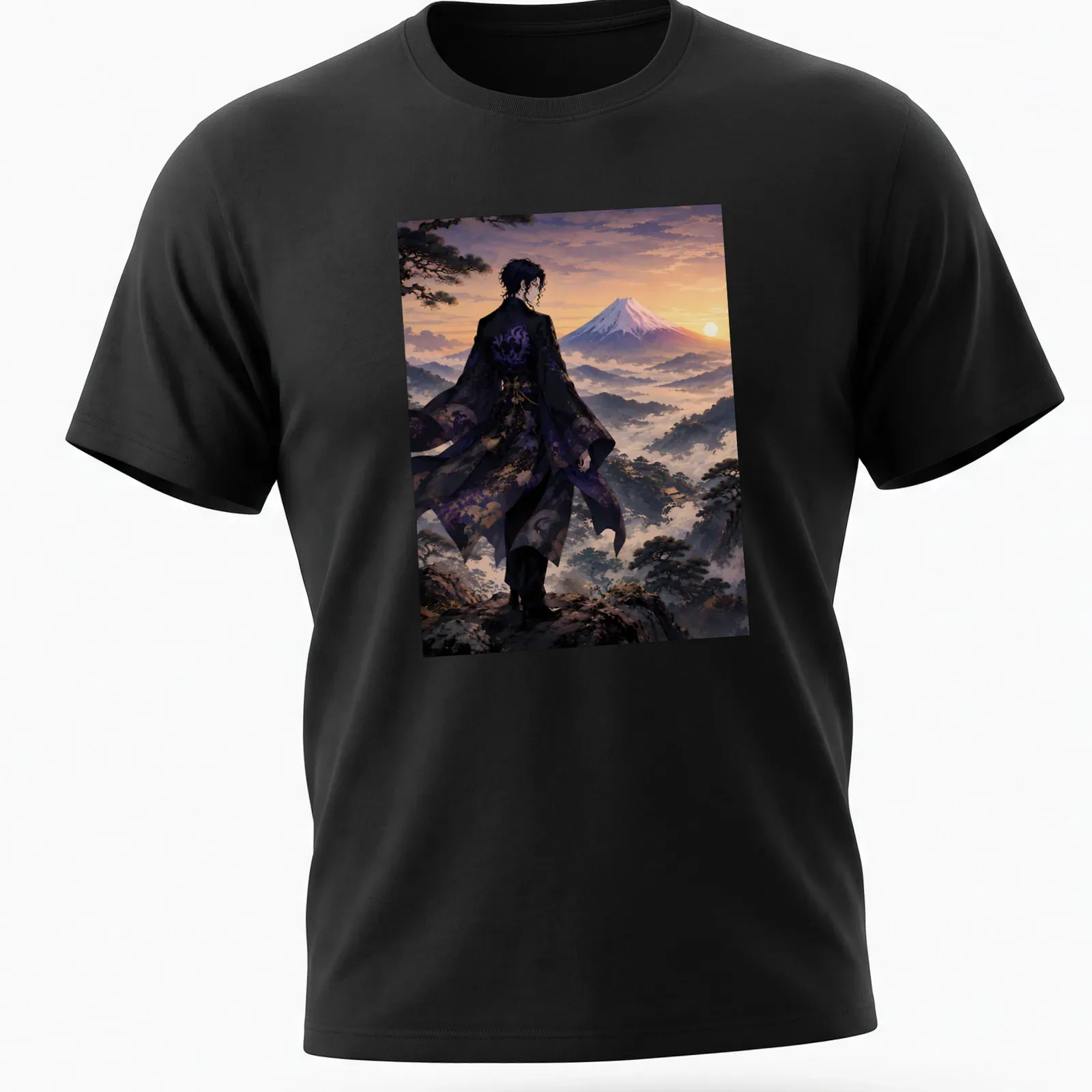 Anime-style graphic of Muzan Kibutsuji against Mount Fuji at sunset — printed on a unisex t-shirt