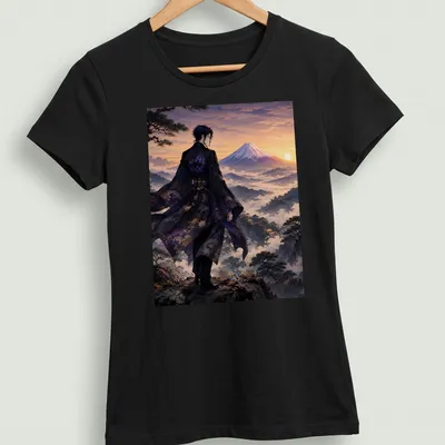 Anime-style graphic of Muzan Kibutsuji against Mount Fuji at sunset — printed on a women's shirt