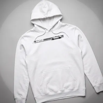 Line-art drawing of an MX-5 convertible sports car in black and white — printed on a unisex hoodie