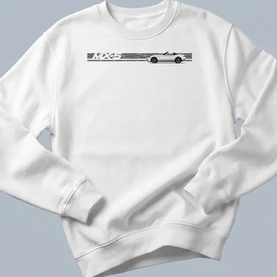 Line-art drawing of an MX-5 convertible sports car in black and white — printed on a unisex sweatshirt