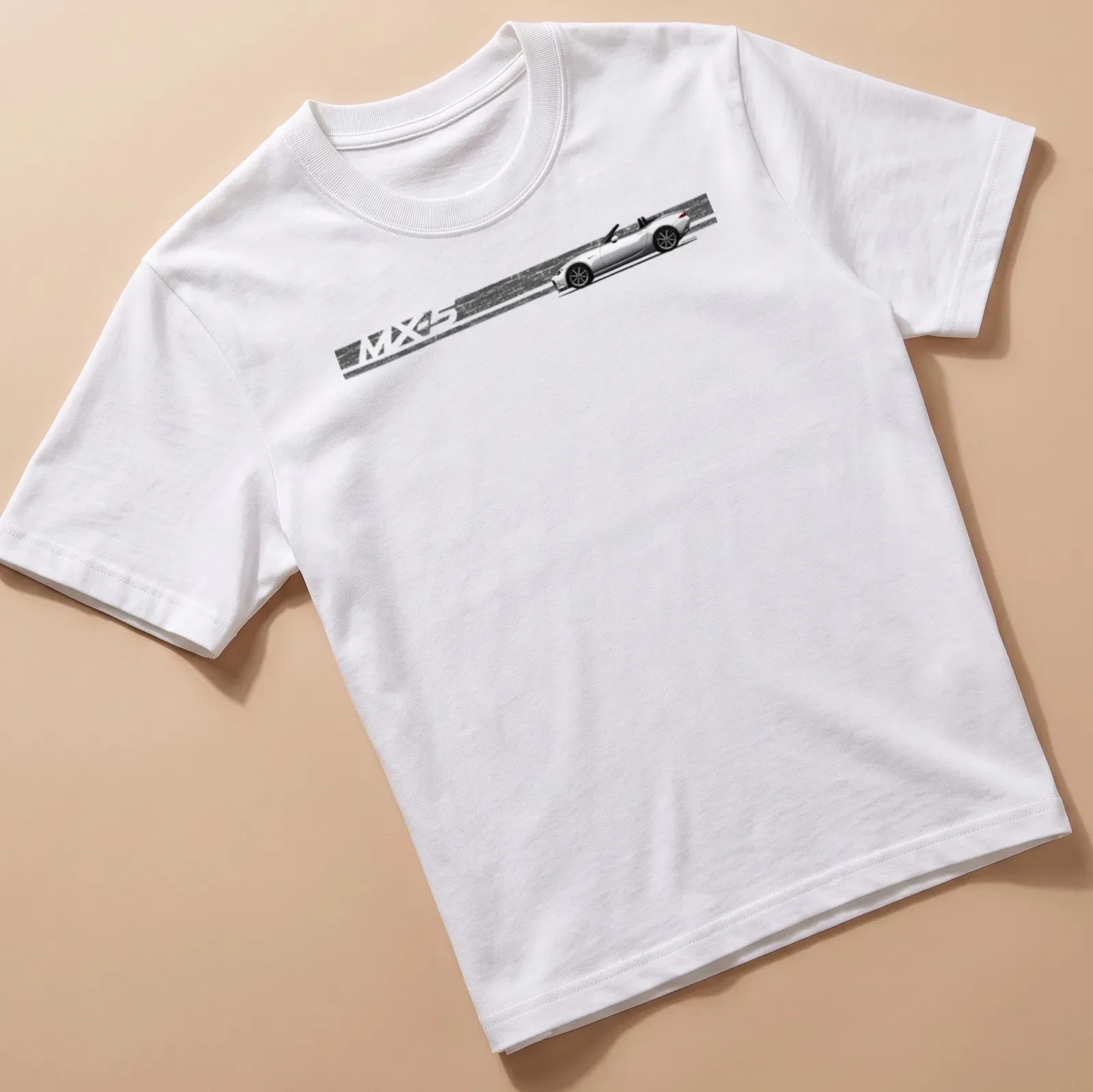 Line-art drawing of an MX-5 convertible sports car in black and white — printed on a unisex t-shirt