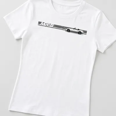Line-art drawing of an MX-5 convertible sports car in black and white — printed on a women's shirt