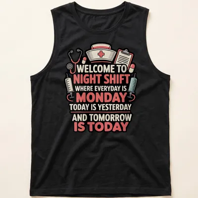 Bold colorful design with text about night shift nursing and medical symbols — printed on a tank top