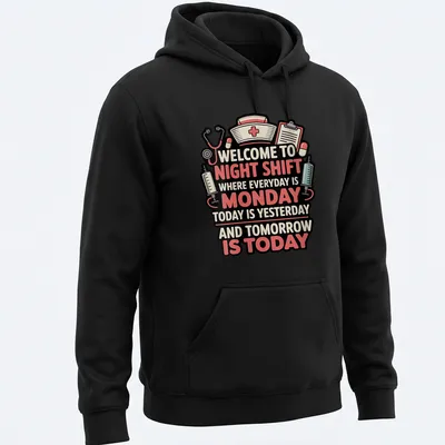 Bold colorful design with text about night shift nursing and medical symbols — printed on a unisex hoodie