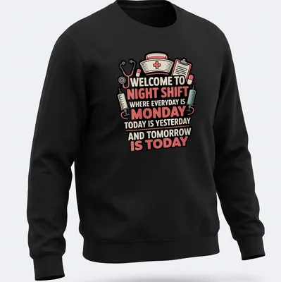 Bold colorful design with text about night shift nursing and medical symbols — printed on a unisex sweatshirt
