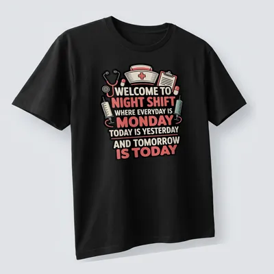Bold colorful design with text about night shift nursing and medical symbols — printed on a unisex t-shirt (angled view)