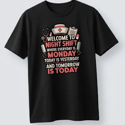 Bold colorful design with text about night shift nursing and medical symbols