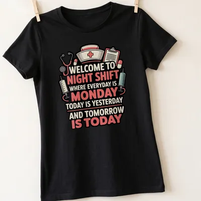 Bold colorful design with text about night shift nursing and medical symbols — printed on a women's shirt