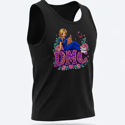 Colorful cartoon Nurse DMC t-shirt with cheerful floral accents in pink and purple — printed on a tank top