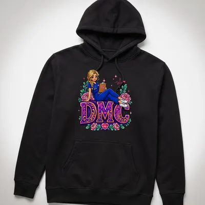 Colorful cartoon Nurse DMC t-shirt with cheerful floral accents in pink and purple — printed on a unisex hoodie