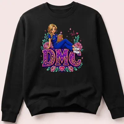 Colorful cartoon Nurse DMC t-shirt with cheerful floral accents in pink and purple — printed on a unisex sweatshirt