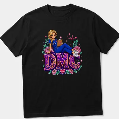 Colorful cartoon Nurse DMC t-shirt with cheerful floral accents in pink and purple — printed on a unisex t-shirt
