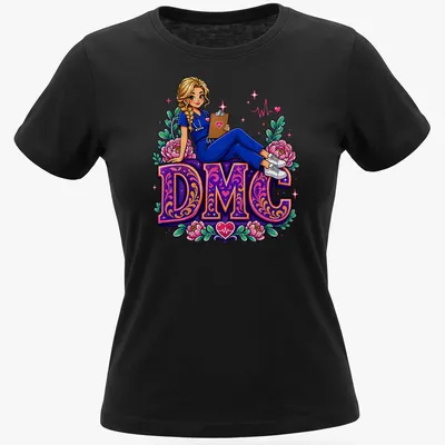 Colorful cartoon Nurse DMC t-shirt with cheerful floral accents in pink and purple — printed on a women's shirt