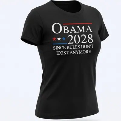 Political statement tee with bold text about Obama 2028 — printed on a women's shirt