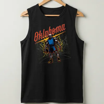 Vintage comic-style Oklahoma Skeleton Baller graphic with bold colors — printed on a tank top