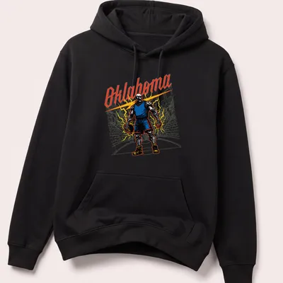 Vintage comic-style Oklahoma Skeleton Baller graphic with bold colors — printed on a unisex hoodie