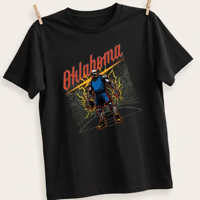 Vintage comic-style Oklahoma Skeleton Baller graphic with bold colors