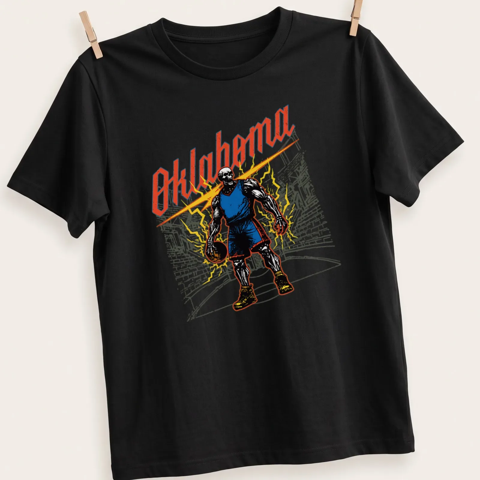 Vintage comic-style Oklahoma Skeleton Baller graphic with bold colors — printed on a unisex t-shirt