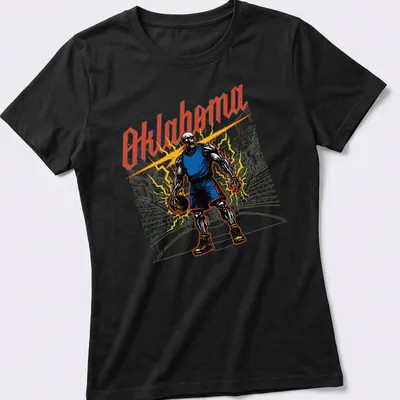 Vintage comic-style Oklahoma Skeleton Baller graphic with bold colors — printed on a women's shirt