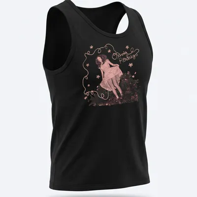 Whimsical floral design featuring Olivia Rodrigo's name in pink and green — printed on a tank top