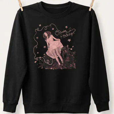 Whimsical floral design featuring Olivia Rodrigo's name in pink and green — printed on a unisex sweatshirt