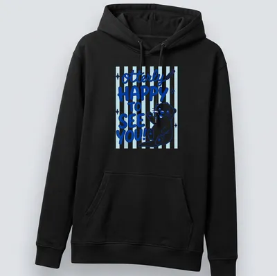 Kawaii line-art otter with text 'otterly HAPPY TO SEE YOU!' in blue tones — printed on a unisex hoodie
