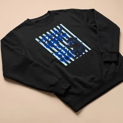 Kawaii line-art otter with text 'otterly HAPPY TO SEE YOU!' in blue tones — printed on a unisex sweatshirt