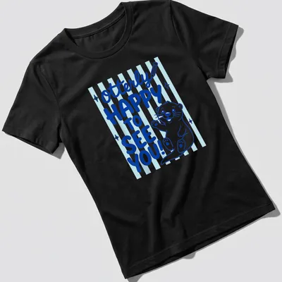 Kawaii line-art otter with text 'otterly HAPPY TO SEE YOU!' in blue tones — printed on a women's shirt
