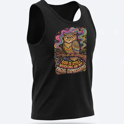 Colorful whimsical illustration of an owl with text about facial expressions — printed on a tank top