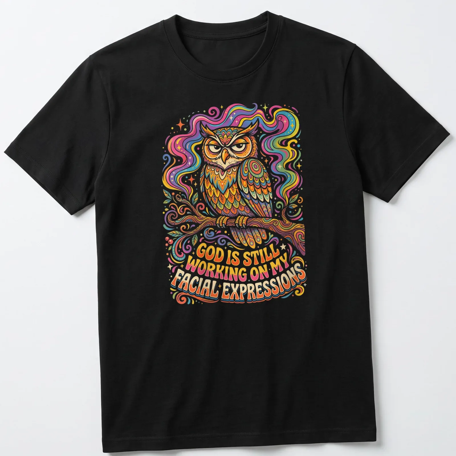 Colorful whimsical illustration of an owl with text about facial expressions — printed on a unisex t-shirt