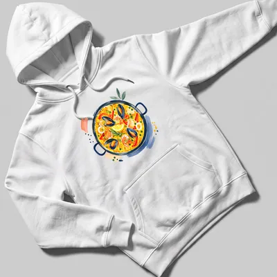 Abstract watercolor design of paella with vibrant colors — printed on a unisex hoodie