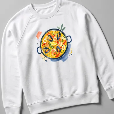 Abstract watercolor design of paella with vibrant colors — printed on a unisex sweatshirt