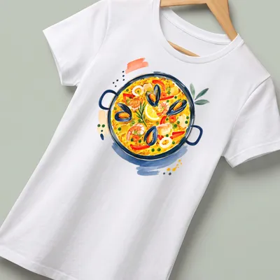 Abstract watercolor design of paella with vibrant colors — printed on a women's shirt