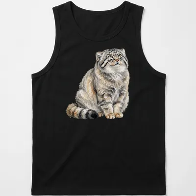 Watercolor illustration of a fluffy Pallas Cat in gray and cream tones — printed on a tank top