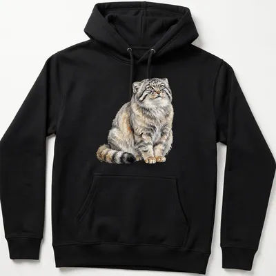 Watercolor illustration of a fluffy Pallas Cat in gray and cream tones — printed on a unisex hoodie